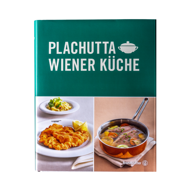 Cover des Plachutta Wiener Küche Kochbuchs mit Fotos von Schnitzel und einem Topf Suppe.