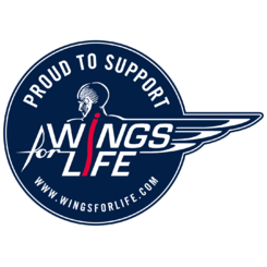 Kreisförmiges 'Proud to Support Wings for Life'-Logo mit einer stilisierten Figur und einer Website-URL.